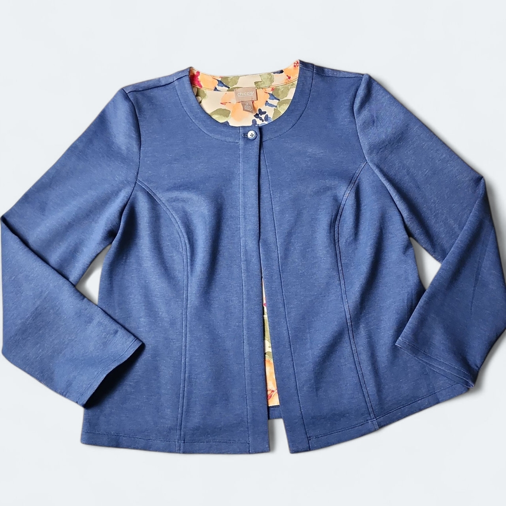 CHICO'S | Casual Soft Comfy Blue Cottagecore Blazer With‎ Floral Interior | L 12
